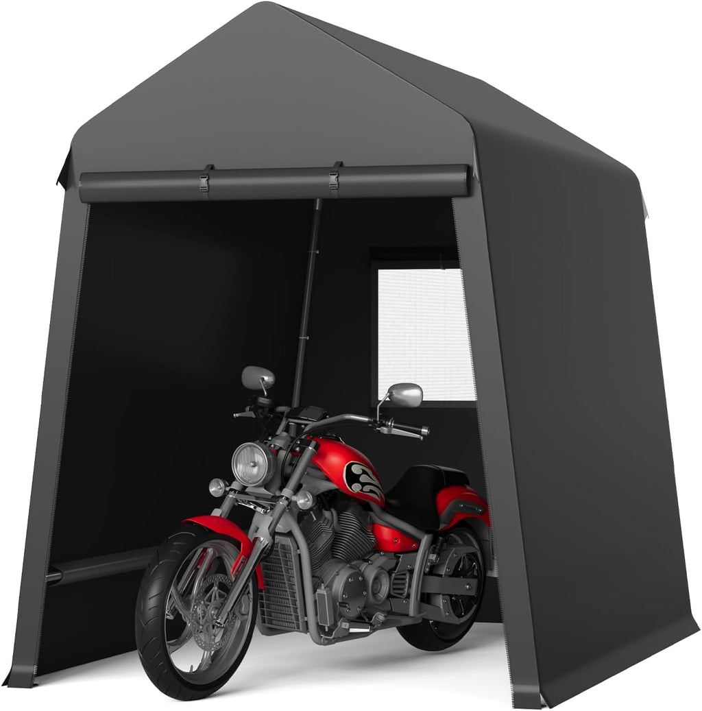 GarveeLife 6X8 ft Heavy Duty Outdoor Shed,Portable Storage Shed,with 2 Rolled Up Zipper Doors,Vents Carports & Waterproof Cover Temporary Shelter for Motorcycle,Gardening Tools and Generator(Black)