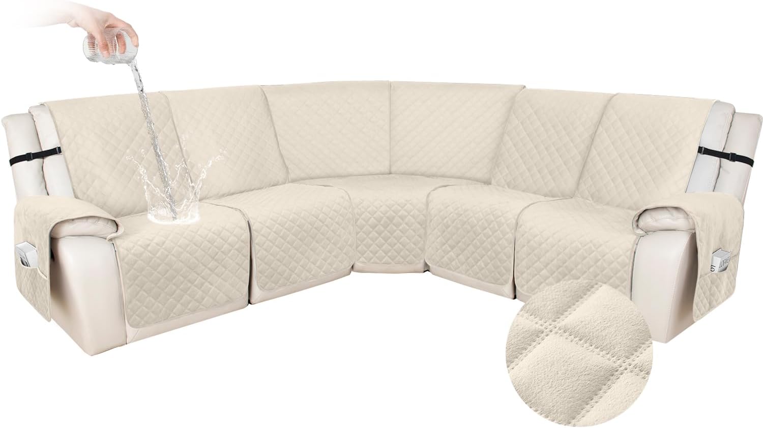 HDCAXKJ 100% Waterproof Velvet Recliner Sectional Couch Covers L Shaped Corner Reclining Sofa Cover Washable Thick Non Slip Sectional Slipcover with Pockets (5 Seat Recliner Couch, Beige)