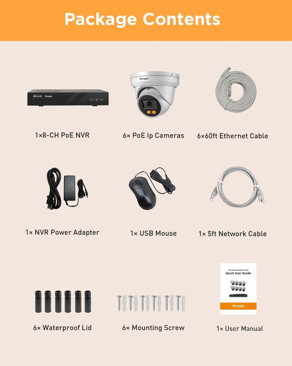 5MP NVR Security Camera System, 6PCS Wired 5MP IP Surveillance Dome Turret Cameras with Person Detection, Smart Dual Lights Color Night Vision, 4K 8 Channel PoE NVR 2TB HDD, PD93BA0608-5MDF