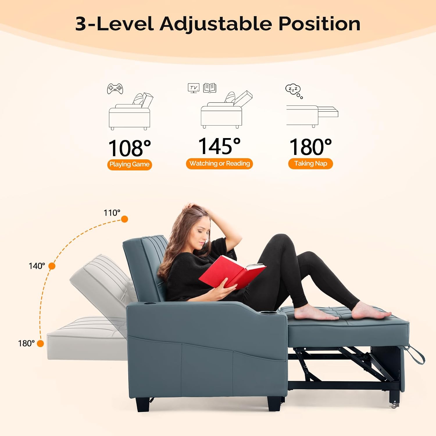 VINGLI Convertible Loveseat Sleeper Sofa, Blue Grey Faux Leather Futon Sofa Bed Pullout Couch Bed with USB Ports, Cup Holders, Armrest for Living Room, Bedroom, Home Office Apartment