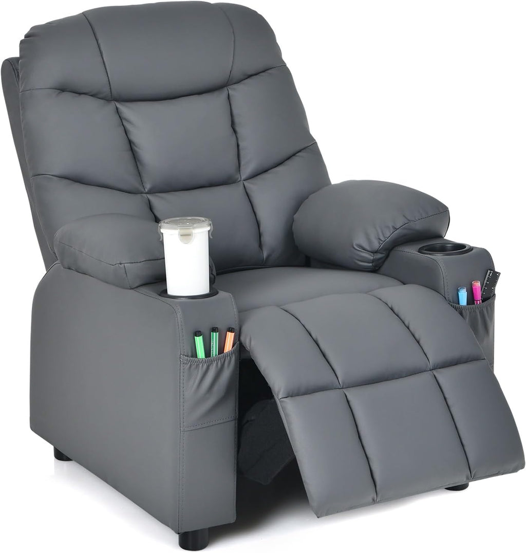 GLACER Kids Recliner Chair w/Cup Holder & Side Pockets, Children Recliner w/Comfortable Backrest, Armrests & Footrest, Toddler PU Leather Recliner for Boys Girls, 3+ Age Group (Grey)