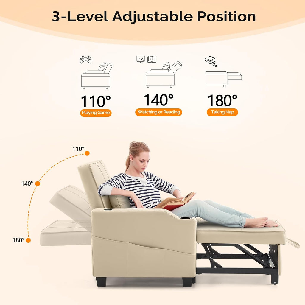 VINGLI Sofa Bed Chair Recliner, 3-in-1 Convertible Sleeper Sofa Chair Bed Beige Daybed Pull Out Couch Bed with Adjustable Backrest, USB Ports, Cup Holders for Small Spaces Living Room
