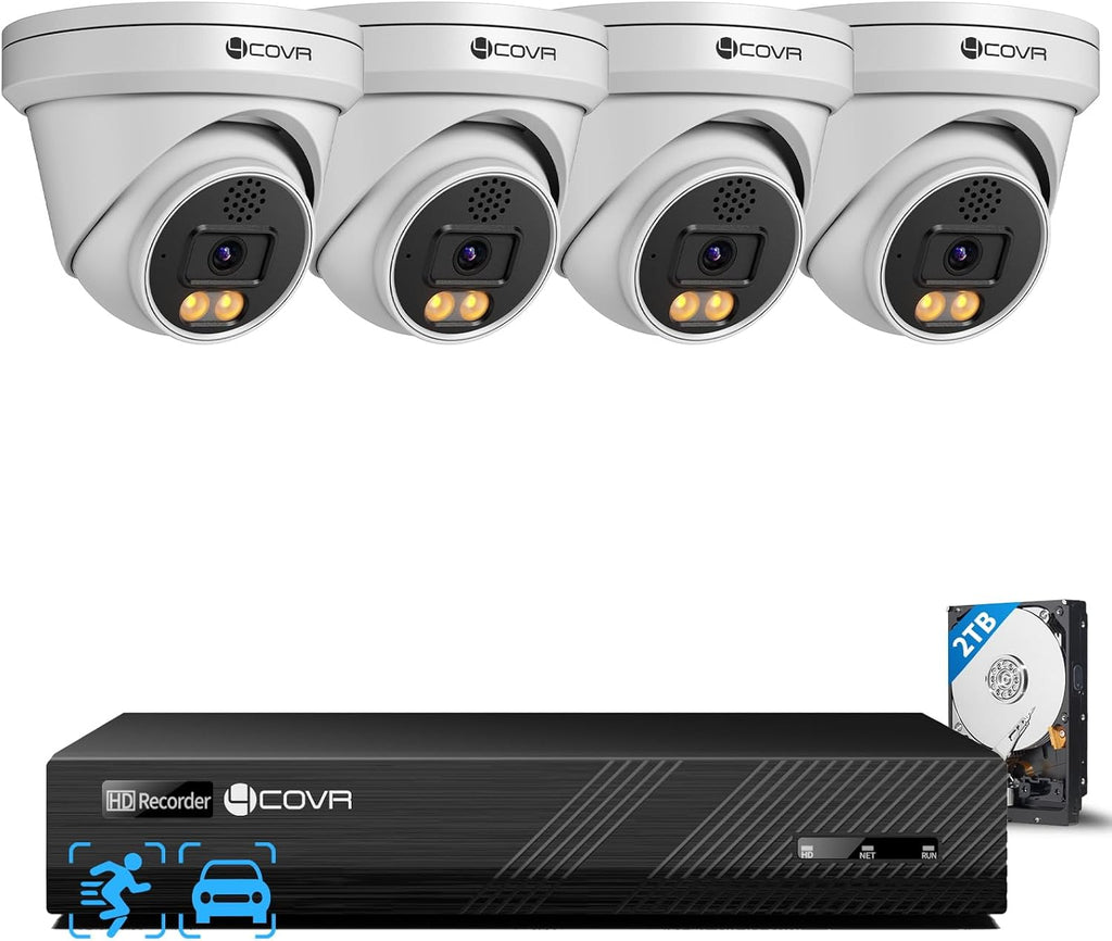 4COVR PoE Security Camera System, 2 Way Audio Talk & Dual Lights Smart Color Night Vision, Person Vehicle Detection, 4X 5MP Dome IP Camera IP67, 8CH 8MP NVR 2TB HDD, 24/7 Home Video, LY97KA5M0804