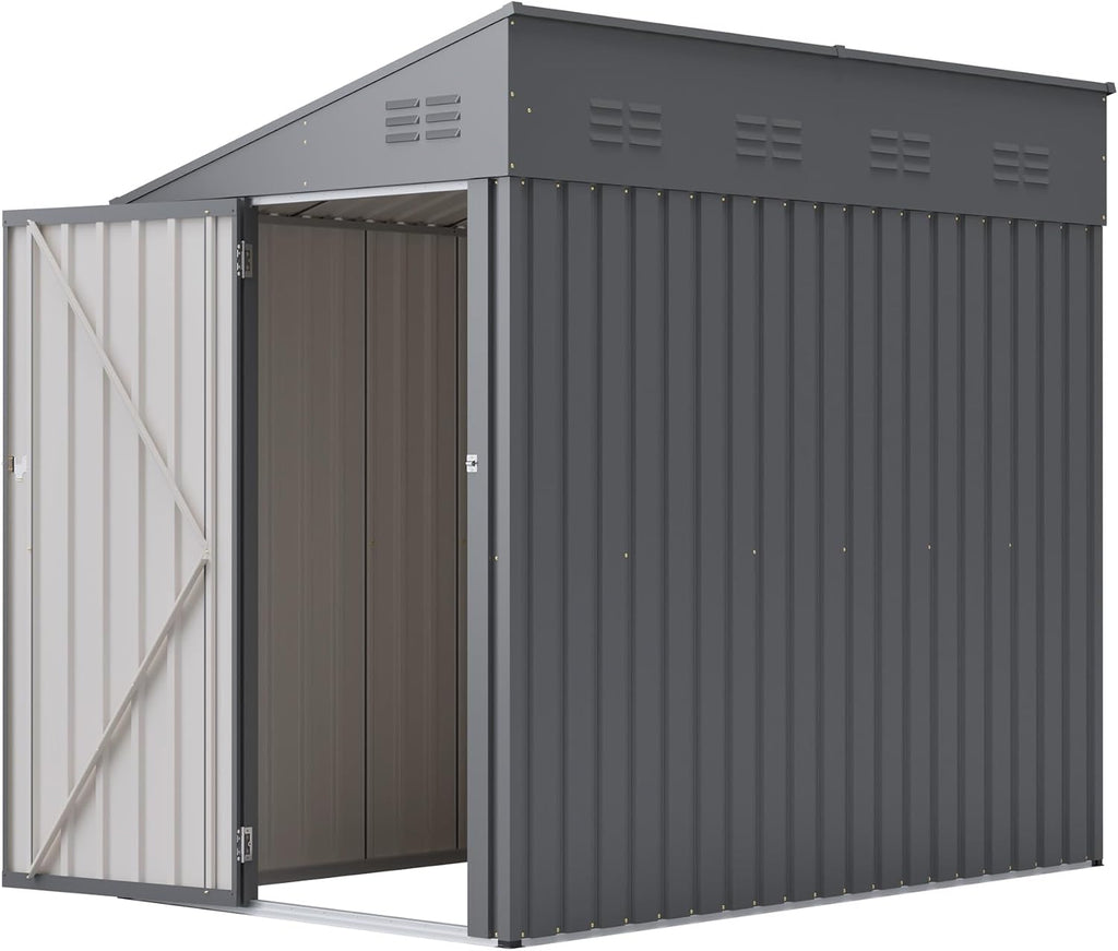 4x7 FT Lean-to Metal Storage Shed with Single Lockable Side Door, Sloping Roof Galvanized Steel Outdoor Tool Shed for Garden, Patio & Backyard Storage