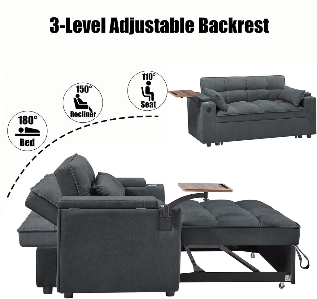 Auvsoce 65'' Convertible Sleeper Sofa Bed with Adjustable Backrest, Chaise Lounge, Side Table & USB/Type-C Ports – Stylish & Functional Addition to Any Living Room (Drak Grey)