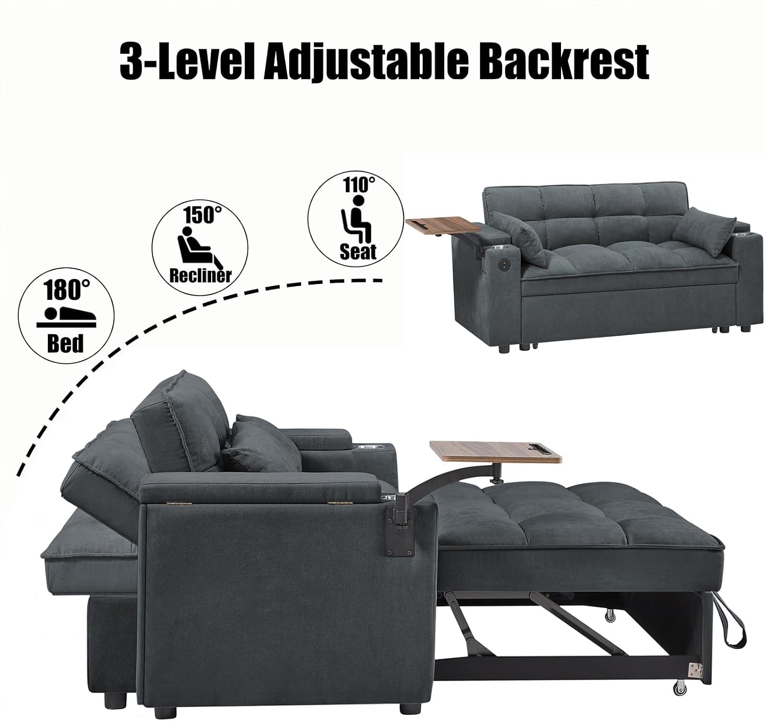 Auvsoce 65'' Convertible Sleeper Sofa Bed with Adjustable Backrest, Chaise Lounge, Side Table & USB/Type-C Ports – Stylish & Functional Addition to Any Living Room (Drak Grey)