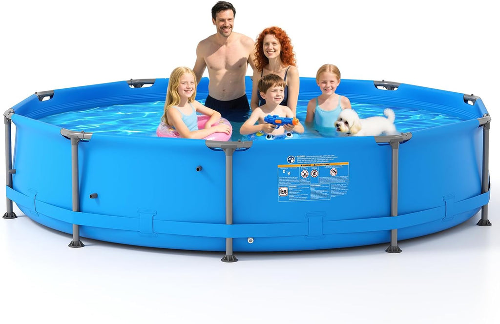 GYMAX 12ft x 30in Metal Frame Above Ground Swimming Pool, Outdoor Backyard Famliy Pool Set with Puncture-Resistant Fabric, Drainage Valve Connector for Kids & Adults (12' x 30', Round, Blue)
