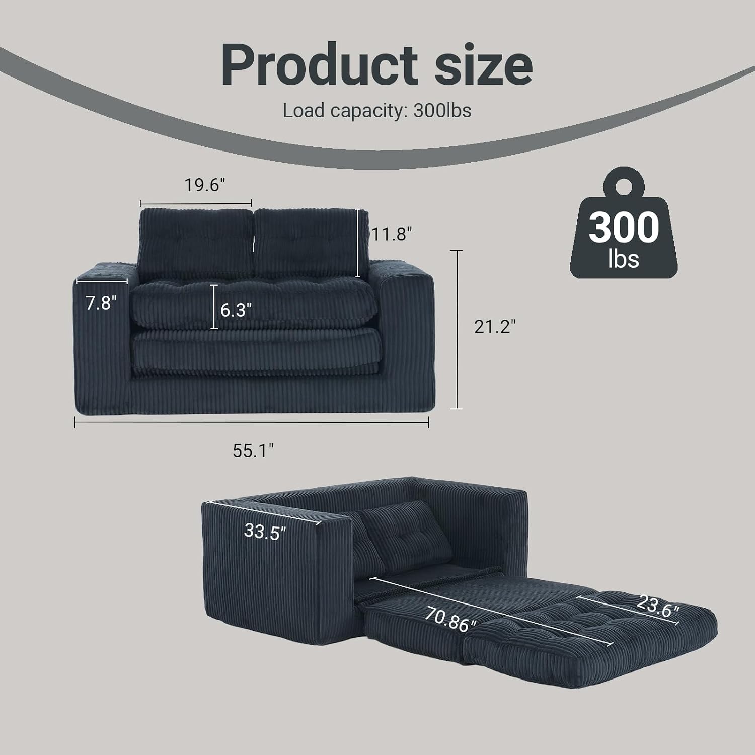Fefances 55.1'Boneless Sofa Bed, 2-in-1 Convertible Loveseat & Folding Futon Couch, Small Space-Saving Design with Corduroy Fabric, for Living Room, Bedroom, Studio Apartment - Black