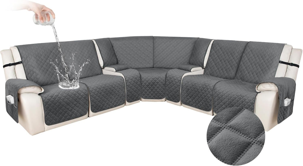 HDCAXKJ 100% Waterproof Velvet Recliner Sectional Couch Covers L Shaped Corner Reclining Sofa Cover Washable Thick Non Slip Sectional Slipcover with Pockets (5 Seat and 2 Middle Console, Dark Gray)