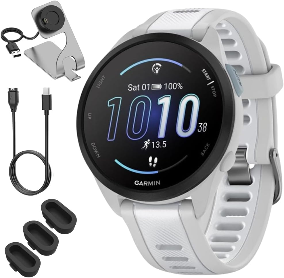 Garmin 010-02863-21 Forerunner 165 Smart Sport Watch, Mist Gray + Whitestone Bundle with Deco Essentials Charging Dock, 3X Silicone Dust Cover and USB Type C Charging and Sync Cable