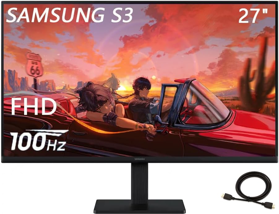 Samsung 27' S3 Series IPS LED FHD Monitor, Game Mode, 100Hz Refresh Rate, Eye Saver Mode, HDMI, D-sub, Black, with HDMI Cable