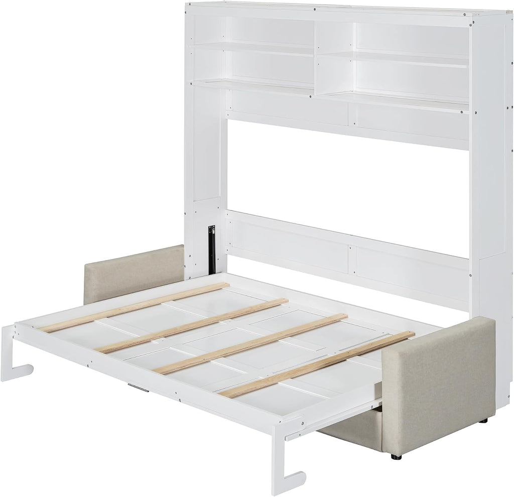 Merax Queen Size Murphy Bed, Wooden Queen Murphy Bed with Sofa and Cushion, Wall Bed with Shelves, White