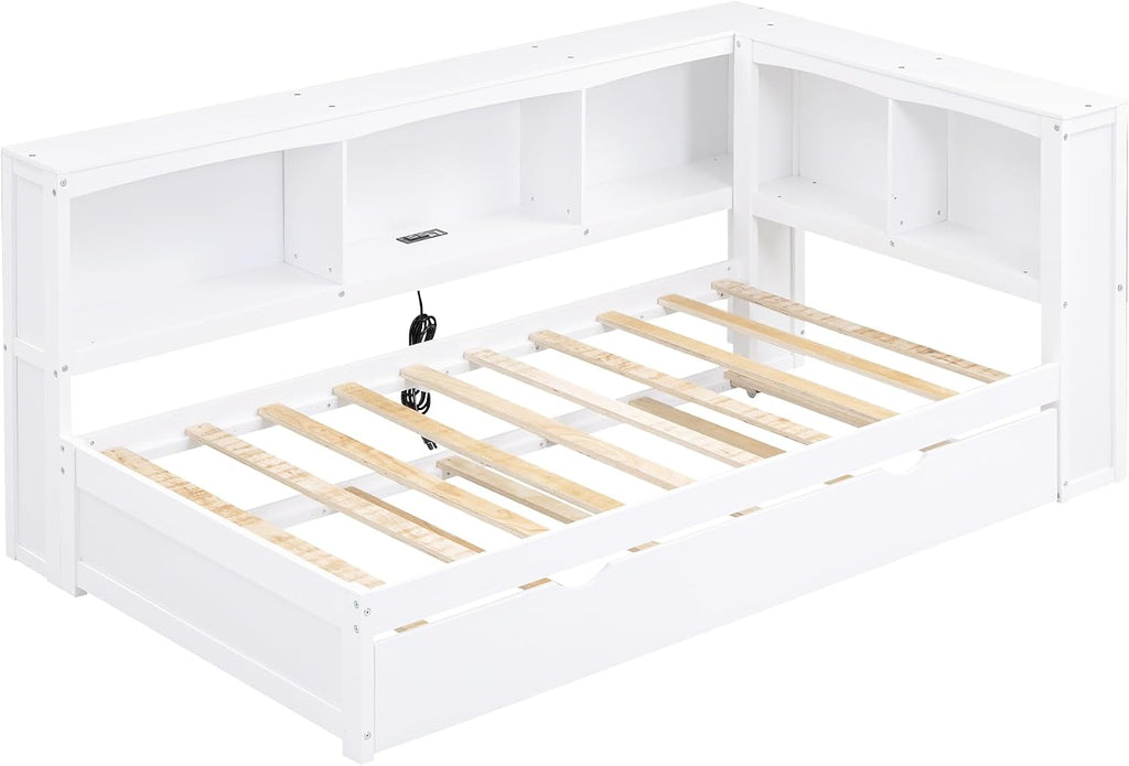 Harper & Bright Designs Wood Twin Size Daybed with Trundle, Storage Bookcases, and USB Ports, Twin Platform Bed with Headboard, Twin Size Sofa Bed Frame for Bedroom Living Room (White)