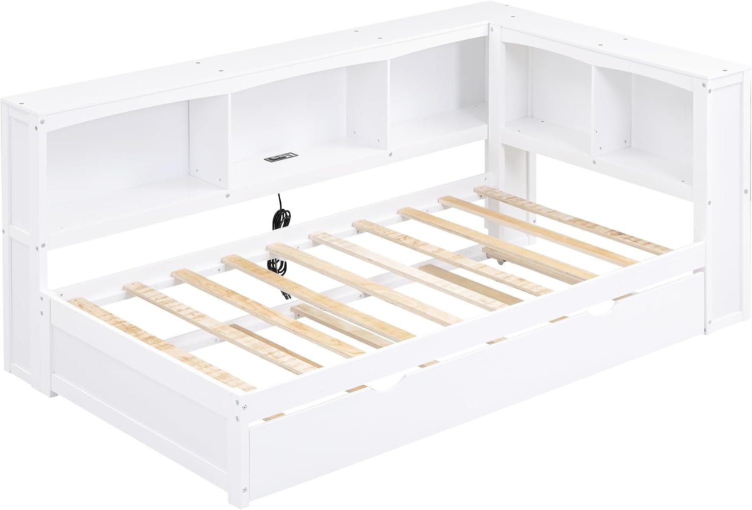 Harper & Bright Designs Wood Twin Size Daybed with Trundle, Storage Bookcases, and USB Ports, Twin Platform Bed with Headboard, Twin Size Sofa Bed Frame for Bedroom Living Room (White)