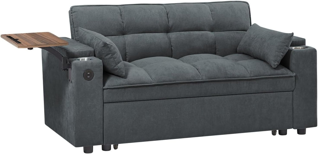oaaktu 65''Convertible Sleeper Sofa Bed,3-in-1 Pull Out Couch Bed with 360 Degree rotatable Side Table and USB Ports for Living Room,RV (07Dark Grey)