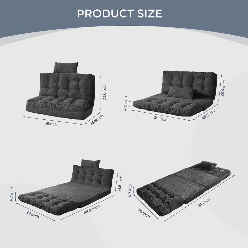 MAXYOYO Folding Sofa Bed, Tufted Bean Bag Bed with Pillows Floor Mattress for Adults, Extra Thick and Long Floor Sofa, Twin Couch Bed for Bedroom Living Room, Dark Grey, 39x91 Inch