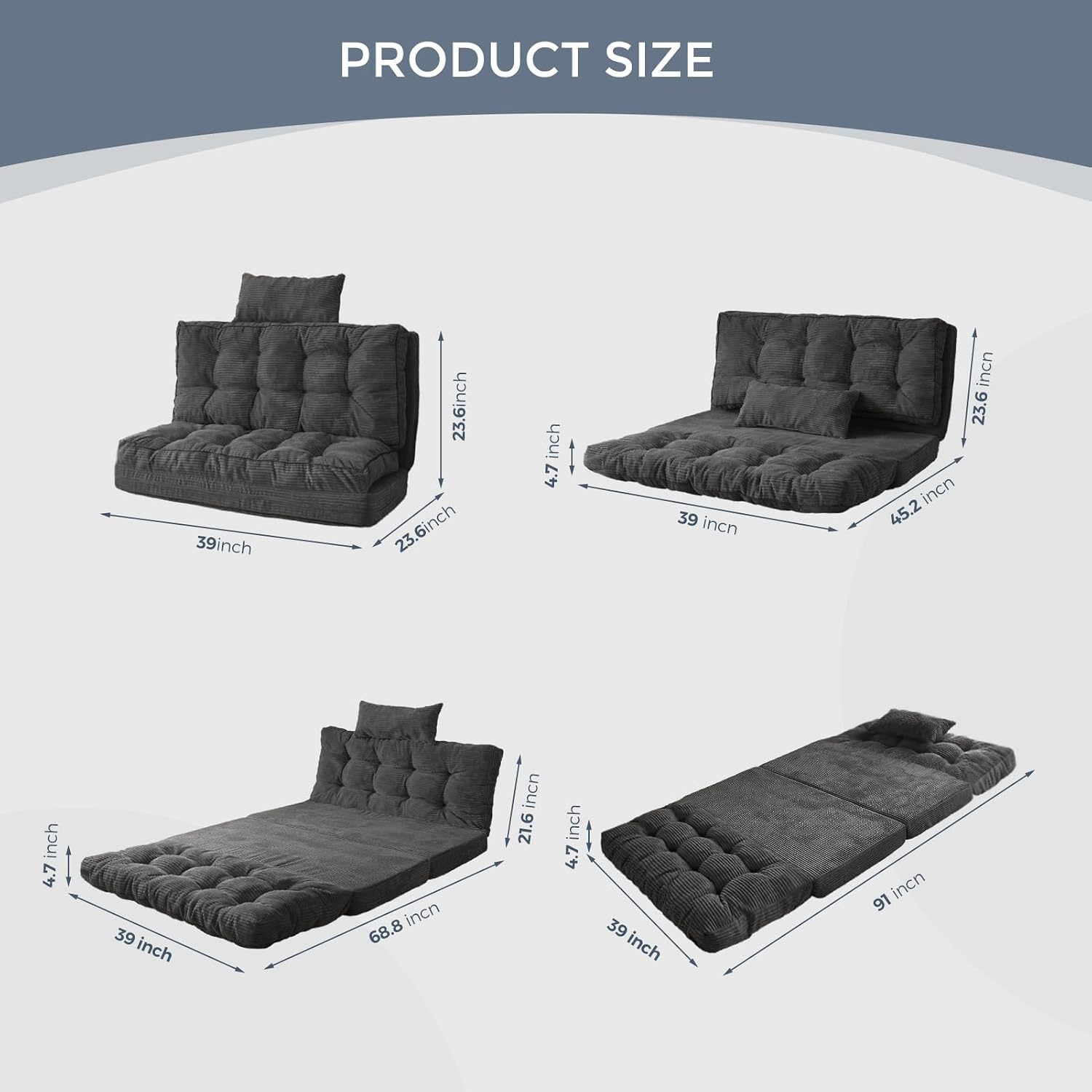 MAXYOYO Folding Sofa Bed, Tufted Bean Bag Bed with Pillows Floor Mattress for Adults, Extra Thick and Long Floor Sofa, Twin Couch Bed for Bedroom Living Room, Dark Grey, 39x91 Inch