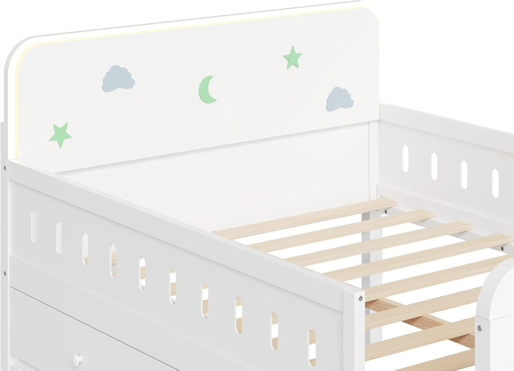 Harper & Bright Designs Kids Full Bed Frame with Drawers and LED Headboard,Wood Montessori Floor Platform Bed with 2-Steps Stairs and Safety Guardrails for Boys Girls,Space Saving,White