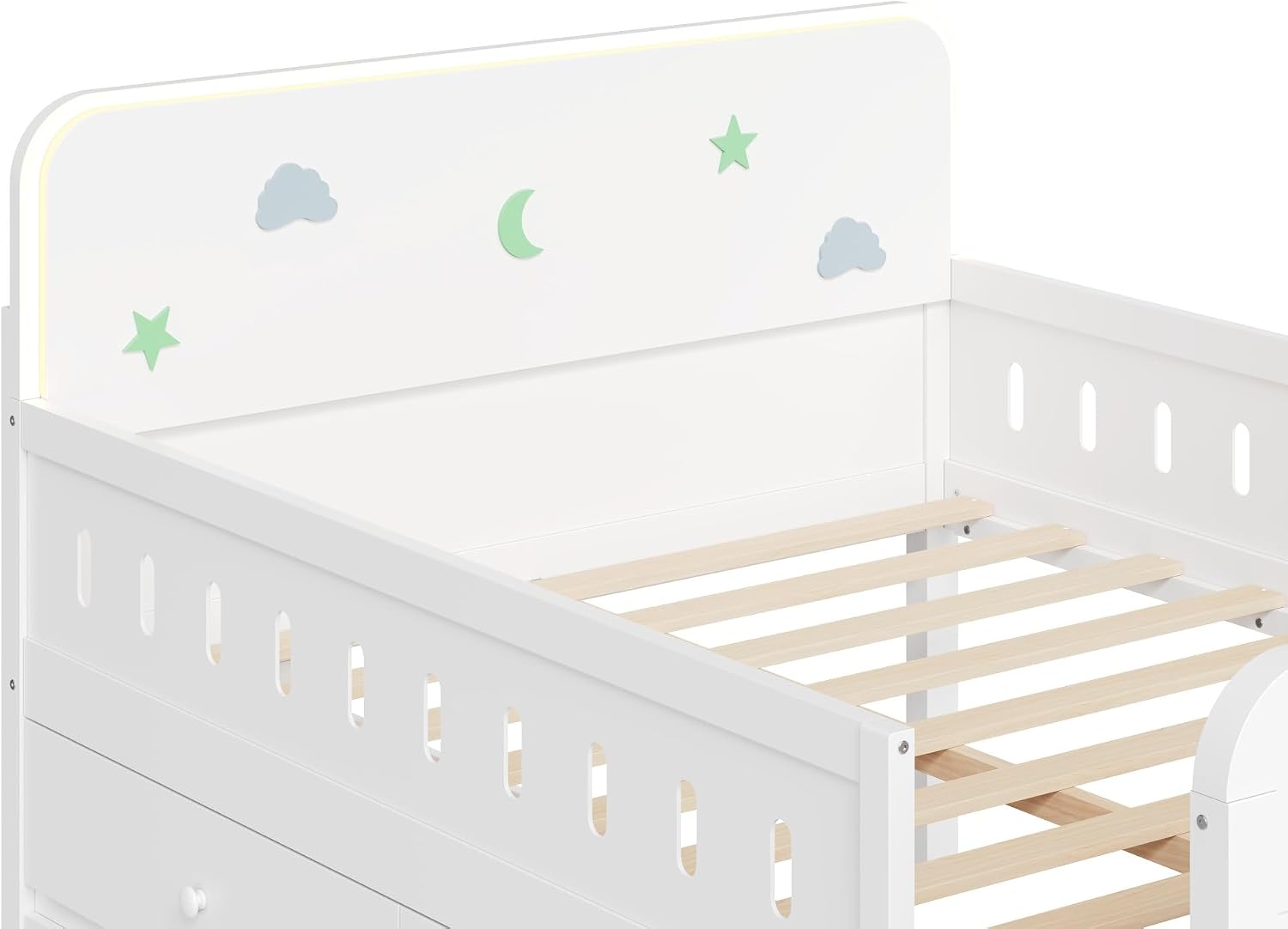 Harper & Bright Designs Kids Full Bed Frame with Drawers and LED Headboard,Wood Montessori Floor Platform Bed with 2-Steps Stairs and Safety Guardrails for Boys Girls,Space Saving,White