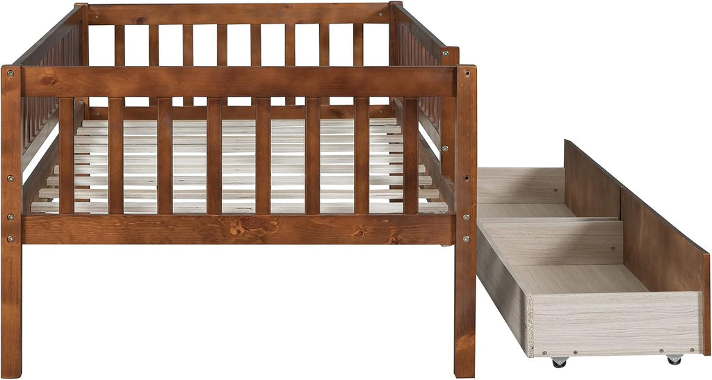 Montessori Bed Frame with Fence Railings and Drawers for Kids,Twin Size Wood Low Platform Bed Frame with Full-Length Safety Guardrails for Boys Girls,No Box Spring Needed,Walnut