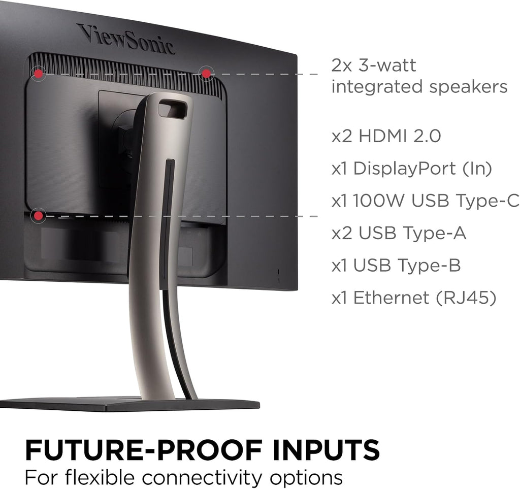 ViewSonic VP3456A 34 Inch 1440p Ultrawide ColorPro Monitor, Curved Display with 100% sRGB and Pantone Validated for Professional Graphic Design, Advanced Ergonomics, 100W USB-C, HDMI, and DP Inputs