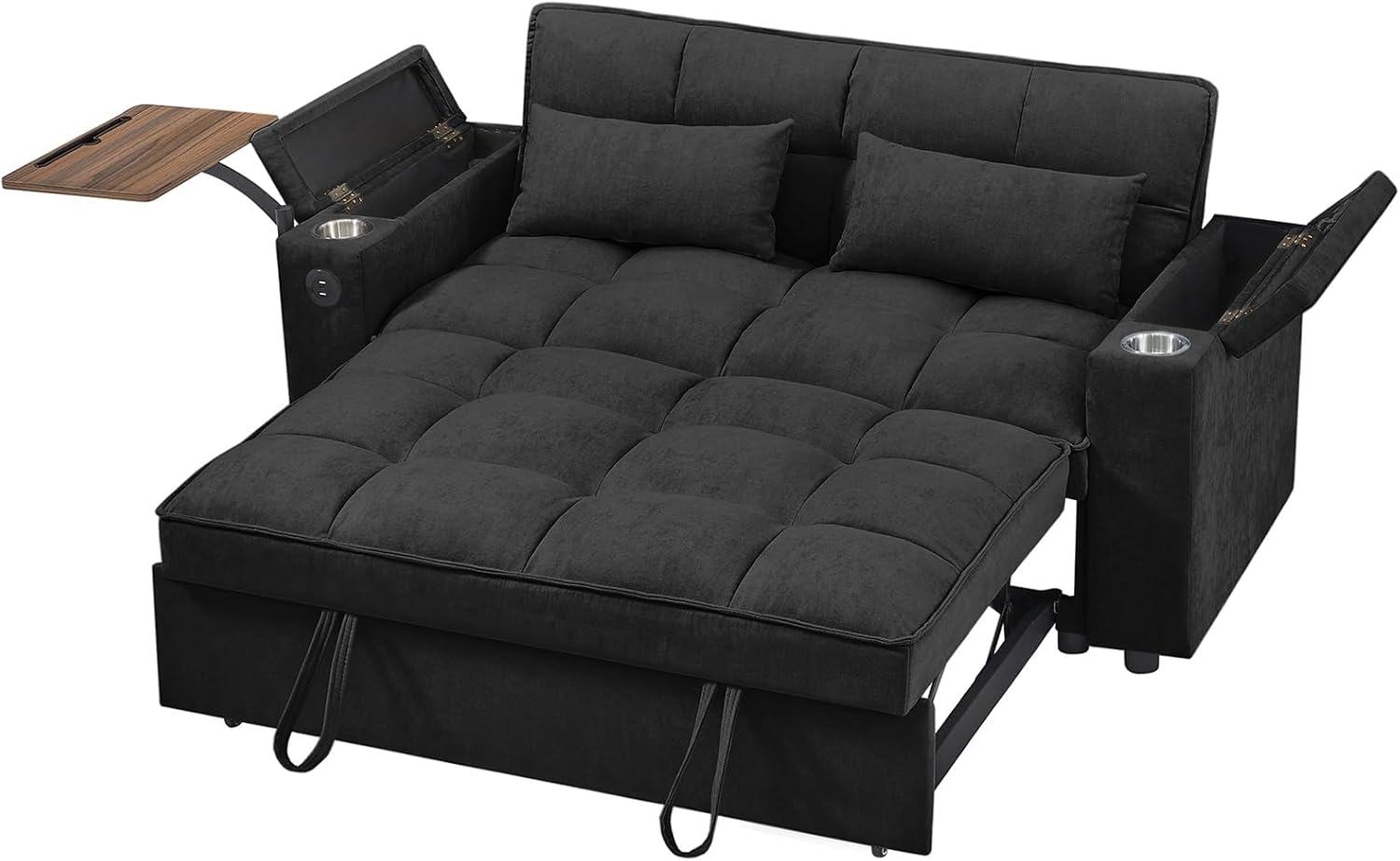 Auvsoce 65'' Convertible Sleeper Sofa Bed with Adjustable Backrest, Chaise Lounge, Side Table & USB/Type-C Ports – Stylish & Functional Addition to Any Living Room (Black)