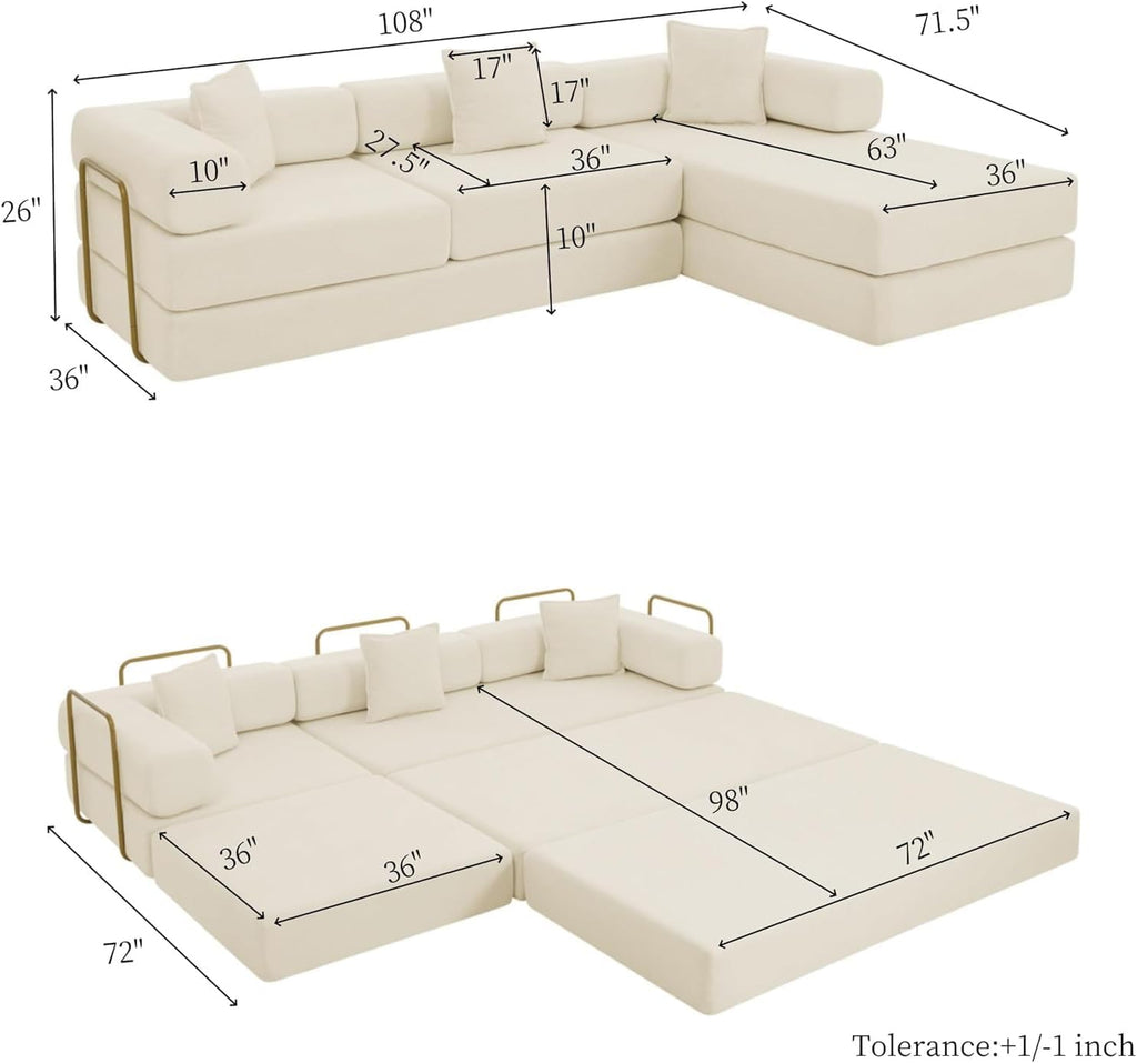 HANXIN 108' Modular Sectional Sofa, Futon Convertible Sofa Bed,Oversized Corduroy Boneless Couch for Living Room,Floor Loveseat Sleeper with Pull Out Bed,Free Combination,No Assembly Required (Beige)