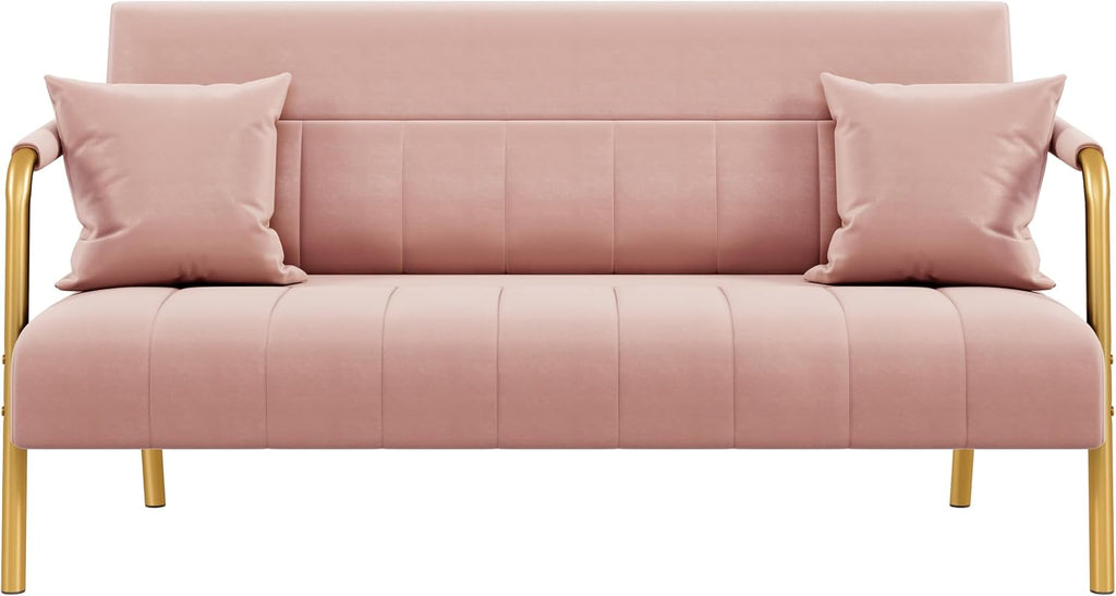 Yaheetech 56.5' W Modern Sofa Small Sofa Luxurious Velvet Fabric Couch with Gold-Tone Metal Arms and Legs for Living Room, Home Office, Studio Pink