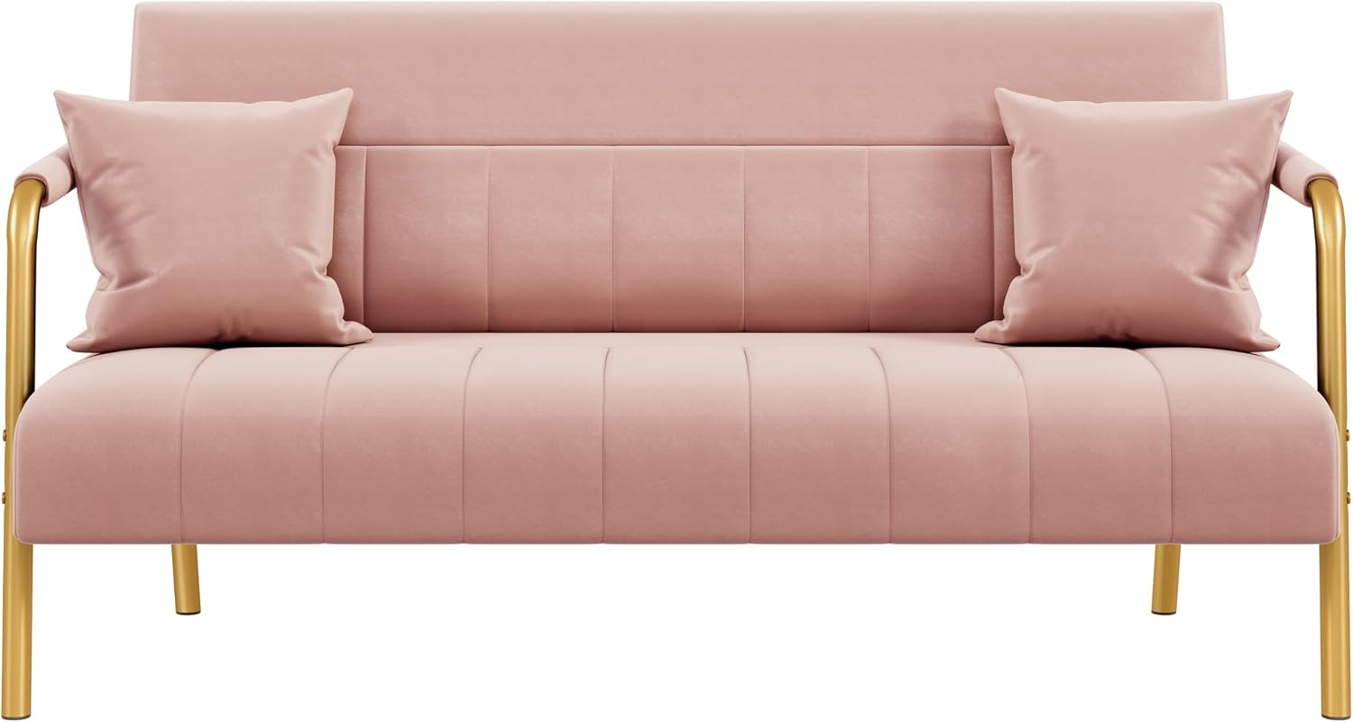 Yaheetech 56.5' W Modern Sofa Small Sofa Luxurious Velvet Fabric Couch with Gold-Tone Metal Arms and Legs for Living Room, Home Office, Studio Pink