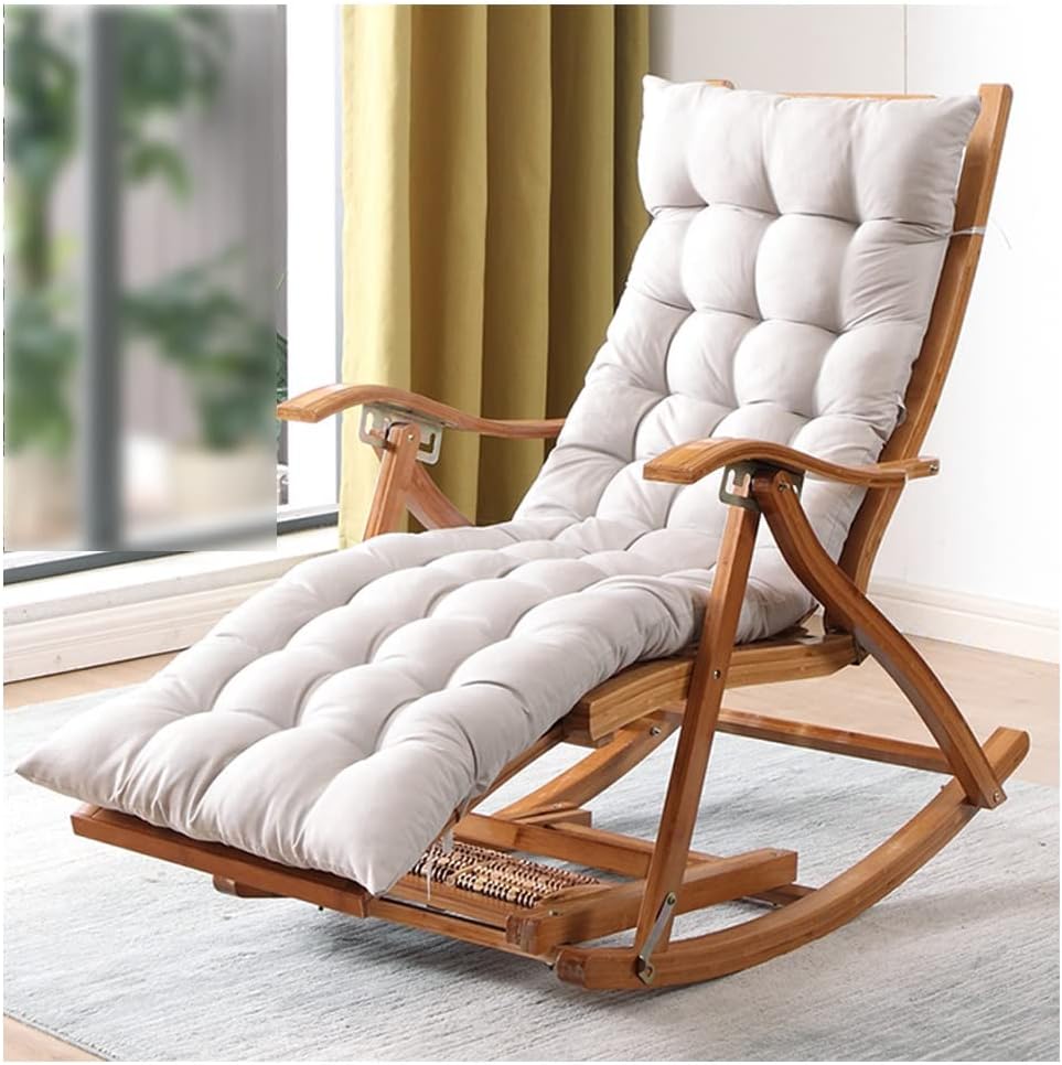 Folding Chair Indoor Padded, Rocking Chair with Ottoman, Wooden Frame Adjustable Reclining Chair with Footrest Headrest Removable Cushion Portable Deck Recliner for Living Room