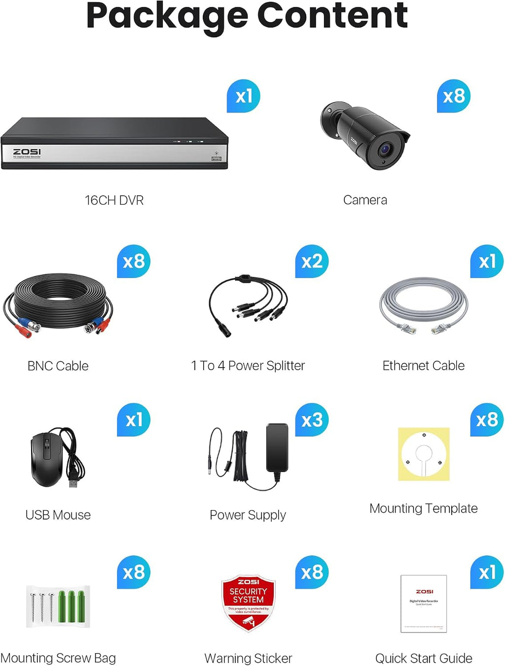 ZOSI 16CH 3K Lite Security Camera System with Audio, AI Human/Vehicle Detection, Night Vision, 8 x 1080P Metal Weatherproof Wired Cameras, 16 Channel Surveillance DVR with 4TB HDD for 24/7 Recording