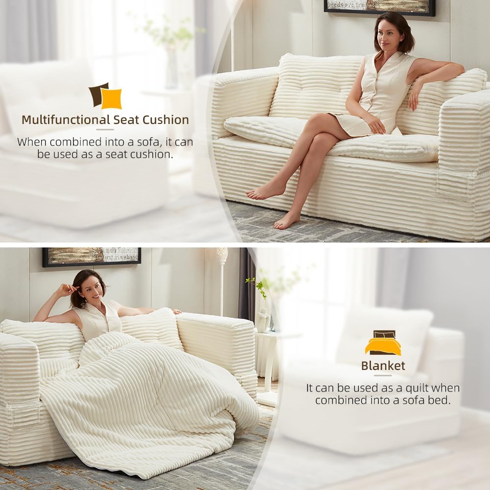 80-inch Folding futon Sofa Bed, Full-Size Convertible Sleeper Couch Bed, Memory Sponge Double Sofa with Comfortable Mattress, Suitable for Living Room (Beige Sofa Set, 80'' inches+blanket)