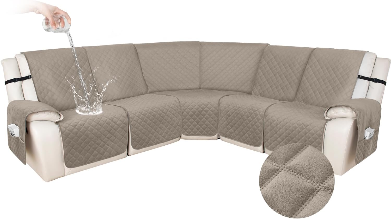 HDCAXKJ 100% Waterproof Velvet Recliner Sectional Couch Covers L Shaped Corner Reclining Sofa Cover Washable Thick Non Slip Sectional Slipcover with Pockets (5 Seat Recliner Couch, Khaki)