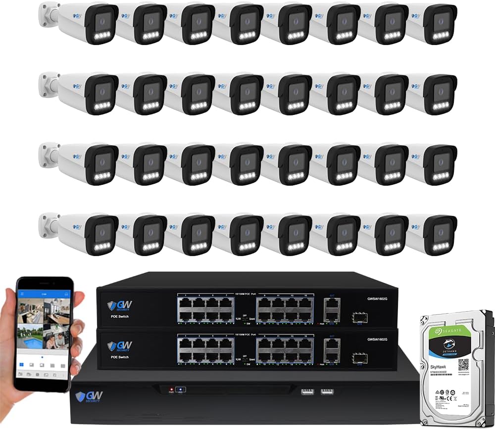 GW Security UltraHD 4K Face Recognition Two-Way Audio 32 Channel Security Camera System with 32 x 8MP Real-Time Full Color Night Vision Outdoor & Indoor AI PoE Bullet Cameras, NDAA & TAA Compliant