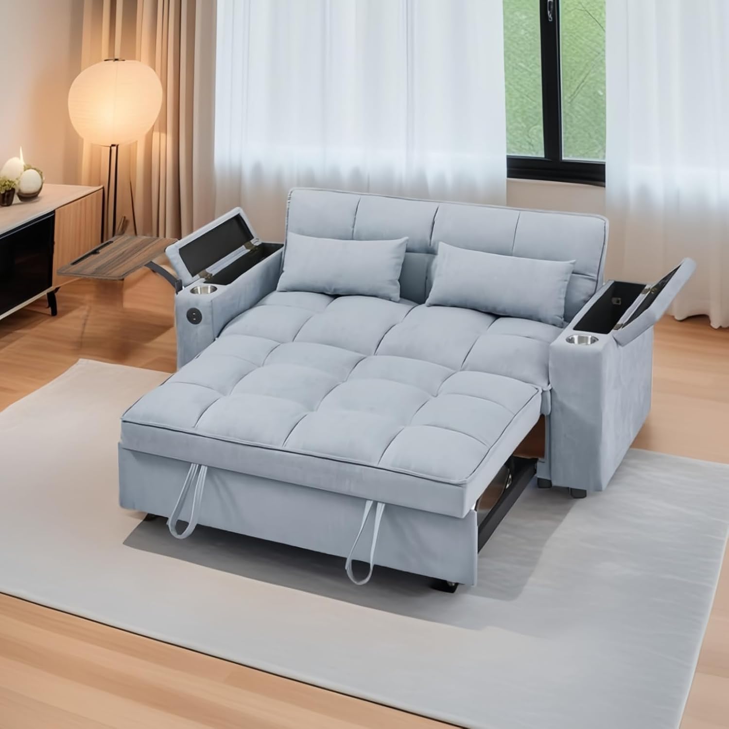 oaaktu 65''Convertible Sleeper Sofa Bed,3-in-1 Pull Out Couch Bed with 360 Degree rotatable Side Table and USB Ports for Living Room,RV (07 Light Grey)