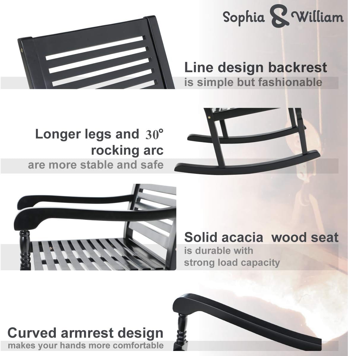 Sophia & William Outdoor Wood Rocking Chairs Set of 2 Black, Patio Rocking Chair for Porch, Patio, Garden, Lawn, Balcony, Backyard and Indoor, 2 Pack