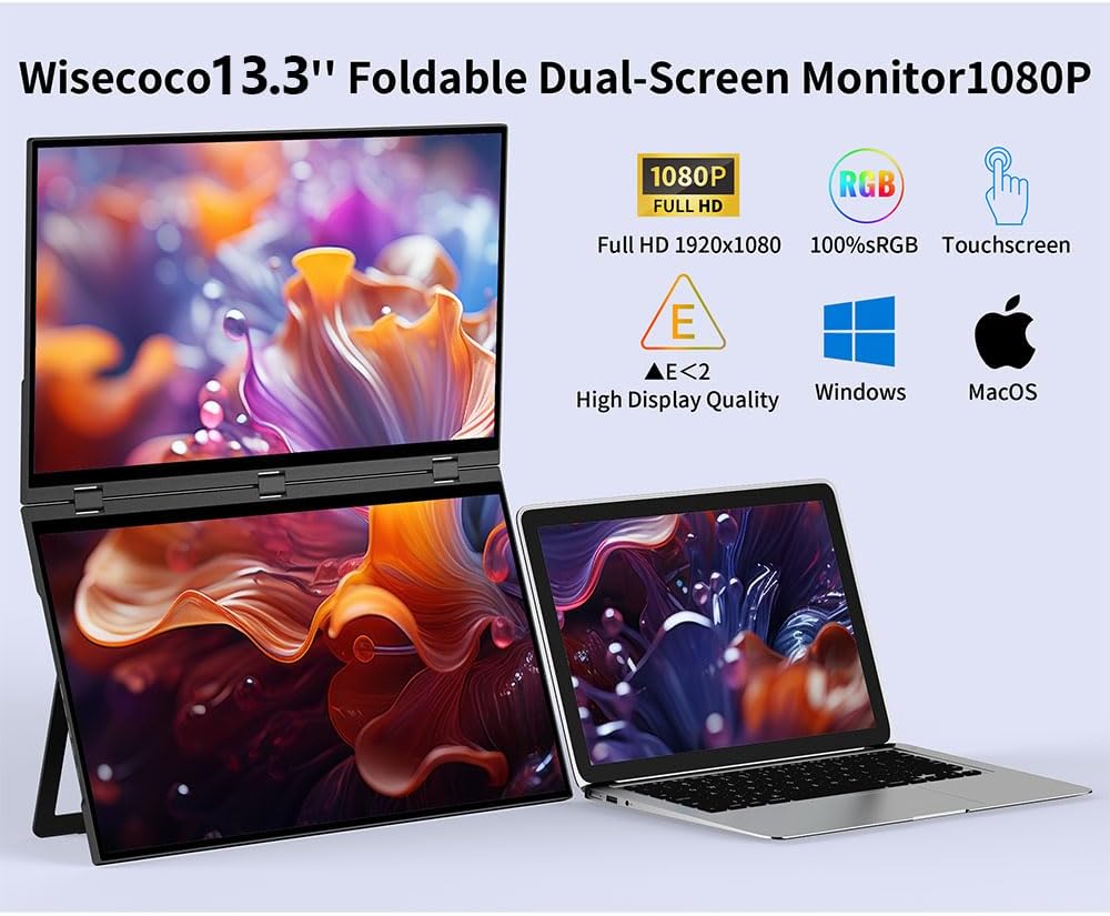 wisecoco 13.3'' Dual Touch Screen OLED Triple Monitor IPS FUD 1080P USB-C HDMI HDR Secondary Display Foldable Laptop PC Gaming Monitor 100% sRGB Windows Mac Android Plug&Play Flip S3+