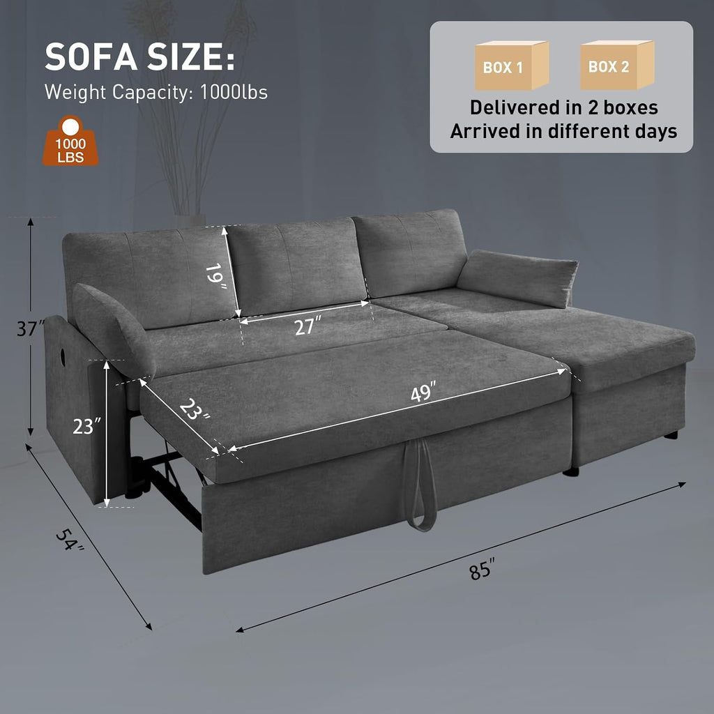 Waxberry 85' L Shaped Sectional Sofa Couch, Pull Out Couch Sleeper Sofa Bed for Living Room, Modular Chenille Deep Seat Sofa, Reversible Chaise, Storage, Side Pockets & USB/Type-C Ports, Dark Gray