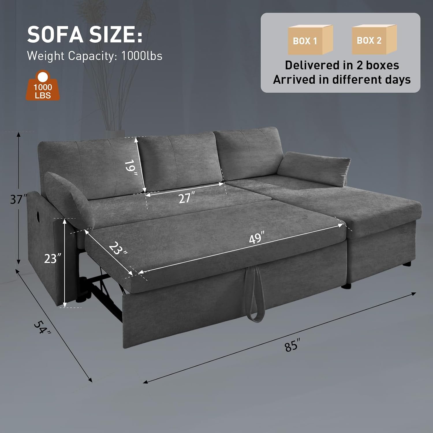 Waxberry 85' L Shaped Sectional Sofa Couch, Pull Out Couch Sleeper Sofa Bed for Living Room, Modular Chenille Deep Seat Sofa, Reversible Chaise, Storage, Side Pockets & USB/Type-C Ports, Dark Gray