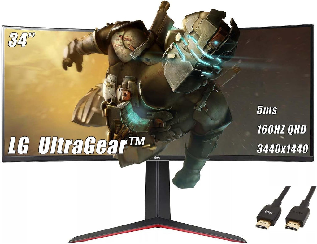 LG 34 inch Ultragear Curved Gaming Monitor, 160Hz, 5ms, QHD 21:9 (3440x1440) VA with HDR 10 Compatibility, AMD FreeSync Premium, Black, with 5ave HDMI Cable