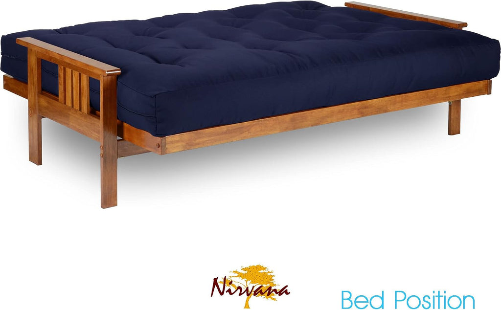 Nirvana Futons Stanford Futon Set - Full Size Futon Frame with Mattress Included (8 Inch Thick Mattress, Twill Navy Blue Color), Heavy Duty Wood, Popular Sofa Bed Choice