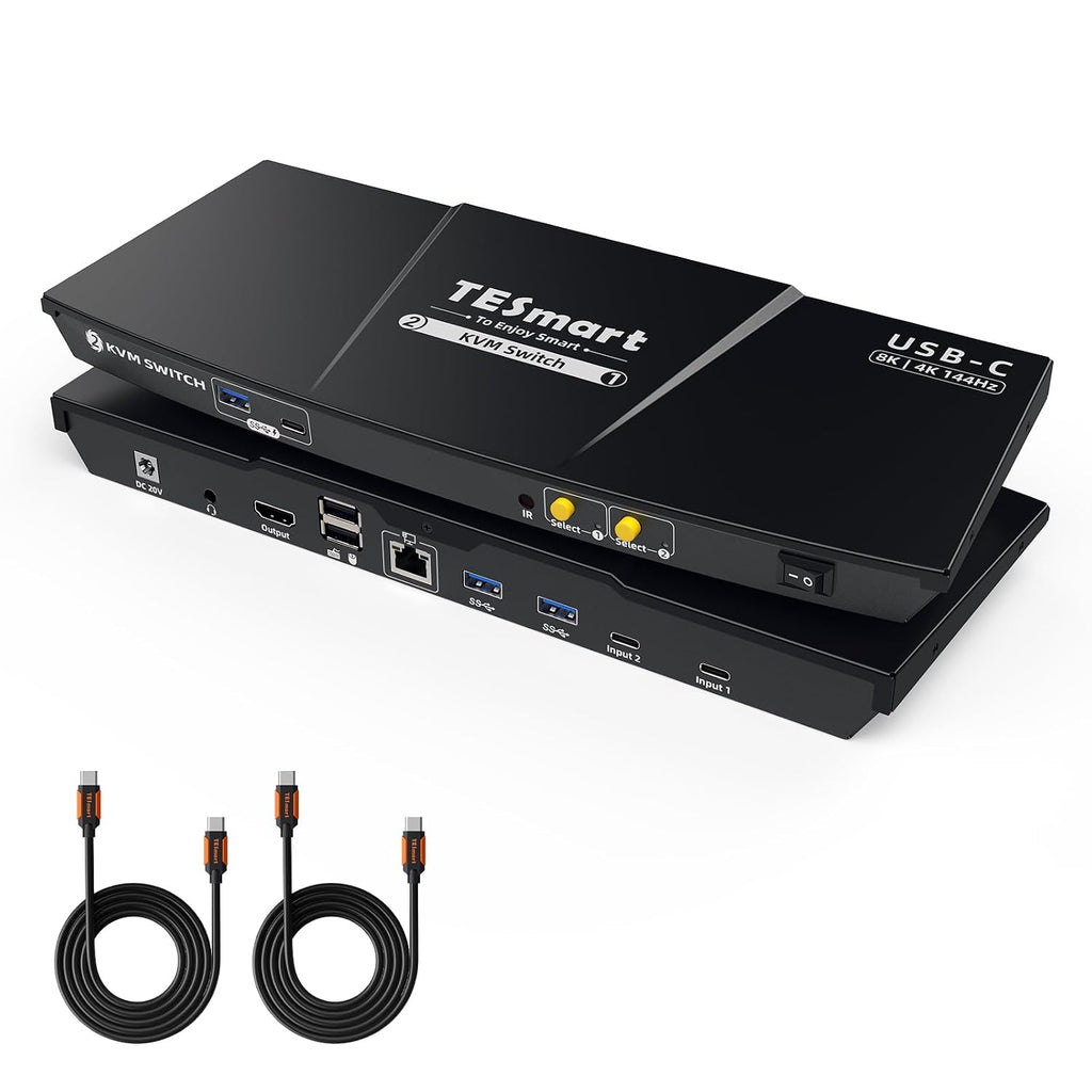 TESmart USB C 8K@60Hz KVM Switch 2 Laptops 1 Monitor, USB3.0 KVM Switch 2 Ports 4K@144Hz, Type C 60W Charging for Laptop, 1G Ethernet, EDID Emulators, Hotkey Switch, ADI Chip for Gaming & Home Office