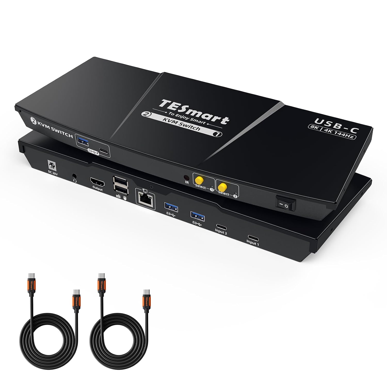 TESmart USB C 8K@60Hz KVM Switch 2 Laptops 1 Monitor, USB3.0 KVM Switch 2 Ports 4K@144Hz, Type C 60W Charging for Laptop, 1G Ethernet, EDID Emulators, Hotkey Switch, ADI Chip for Gaming & Home Office