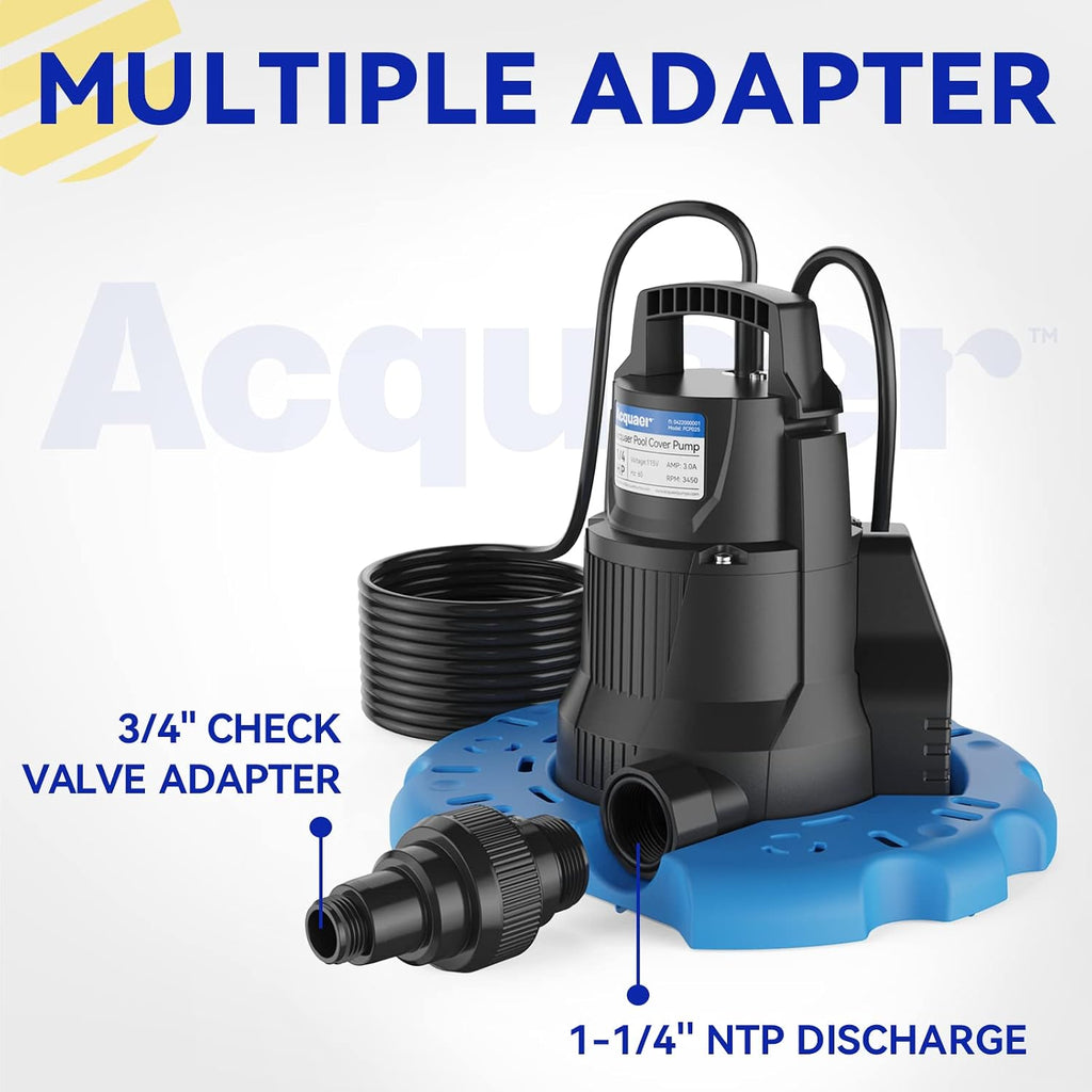 Acquaer 1/4 HP Automatic Swimming Pool Cover Pump, 2250 GPH Submersible Sump Pump with 3/4' Check Valve Adapter & 25ft Power Cord, Water Removal for Pool, Hot Tubs, Rooftops, Water Beds and more