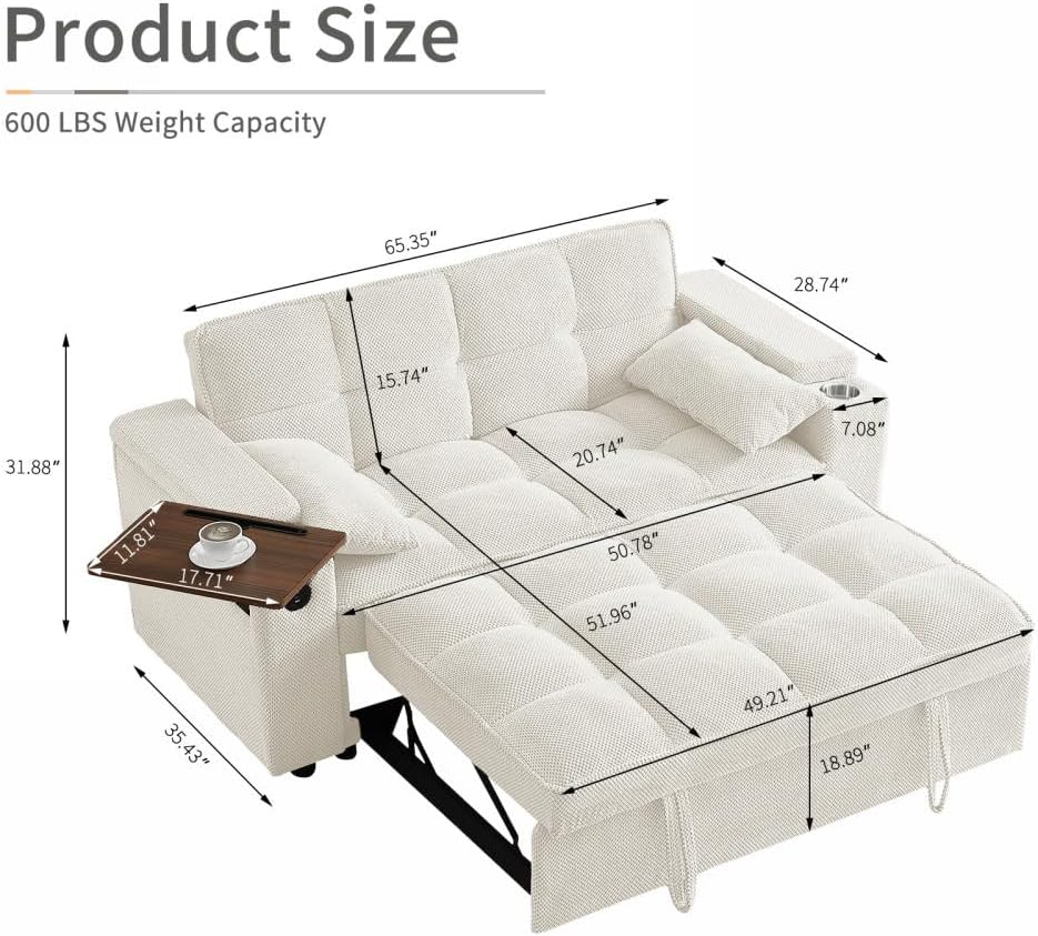 Auvsoce 65'' Convertible Sleeper Sofa Bed with Adjustable Backrest, Chaise Lounge, Side Table & USB/Type-C Ports – Stylish & Functional Addition to Any Living Room (Modern Beige Sofa Bed)