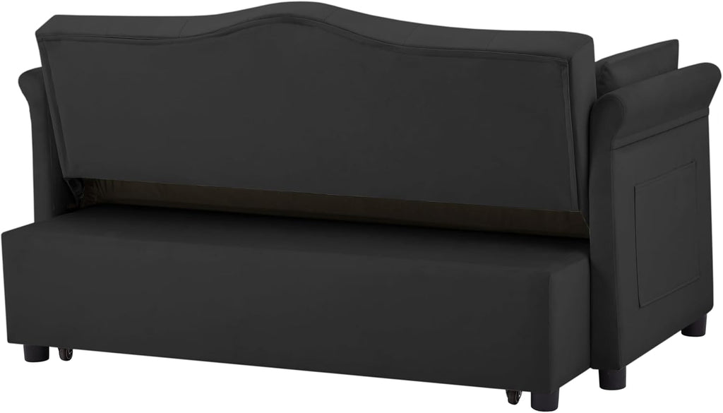 Auvsoce 57'' Convertible Sleeper Sofa Bed with Adjustable Backrest, Chaise Lounge, 2 Pillows & Side Storage Pockets – Stylish & Functional Furniture for Living Room or Small Spaces (Black Sofa Bed)