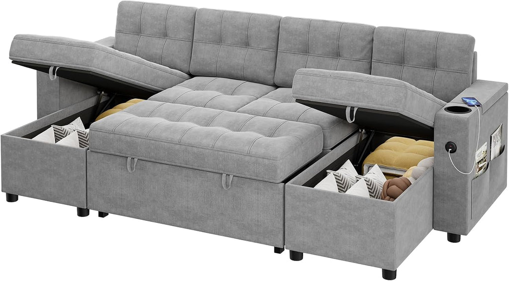 IDEALHOUSE U-Shaped Couches for Living Room, Sofa Bed for Living Room with Reversible Storage Chaises and Hidden Storage Armrests, Cup Holders and USB Charging Ports Included, Light Grey