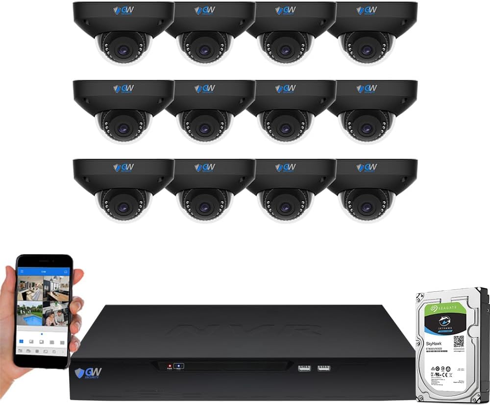 GW Security 16 Channel NVR UltraHD 4K Face Recognition NDAA & TAA Compliant Security Camera System with 12 x 8MP @25FPS Outdoor & Indoor PoE Dome Cameras, 10 Smart AI Functions (Black)