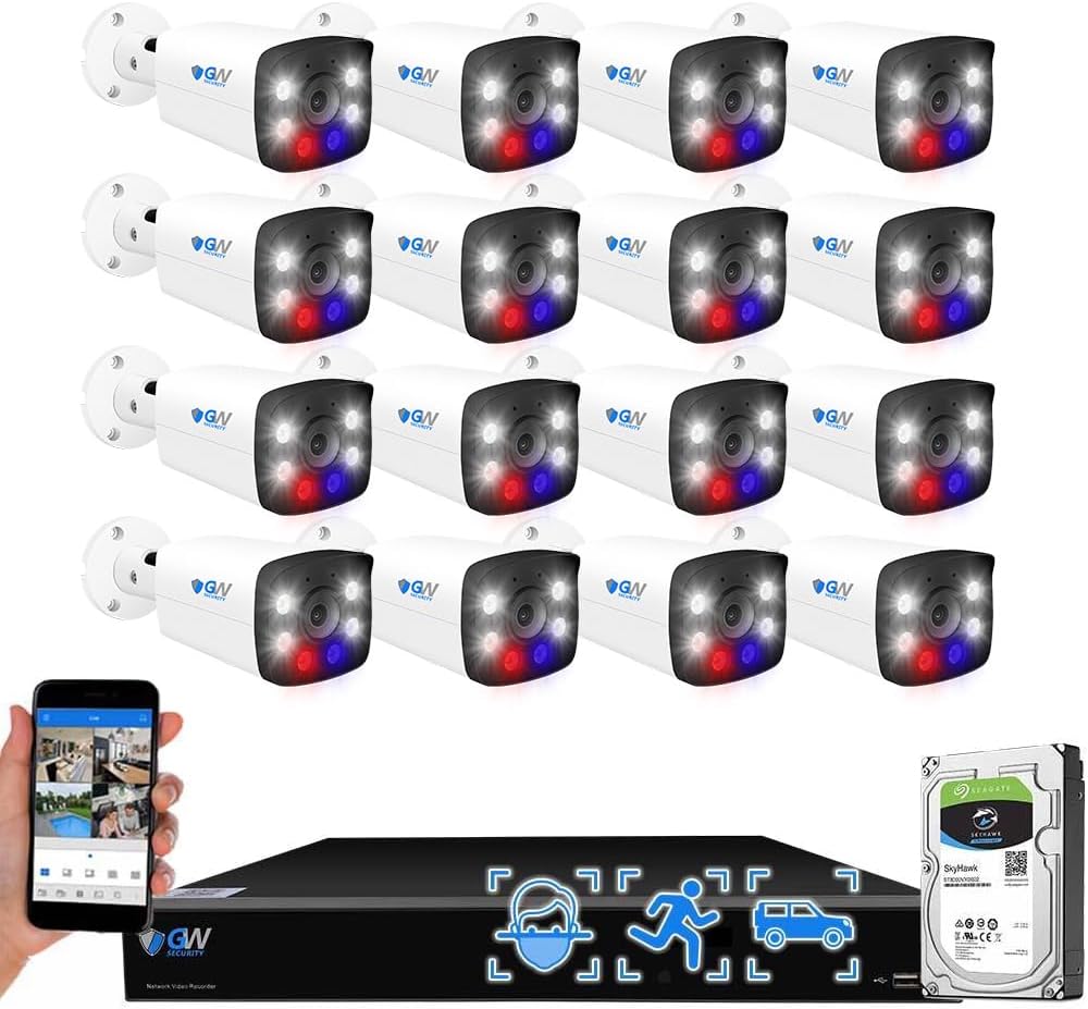 GW Security 16 Channel 12MP NVR 4K Fulltime Color Night Vision Security Camera System with 16 UltraHD 8MP Two-Way Audio Outdoor PoE Security Camera, Smart AI Face Recognition Human & Vehicle Detection