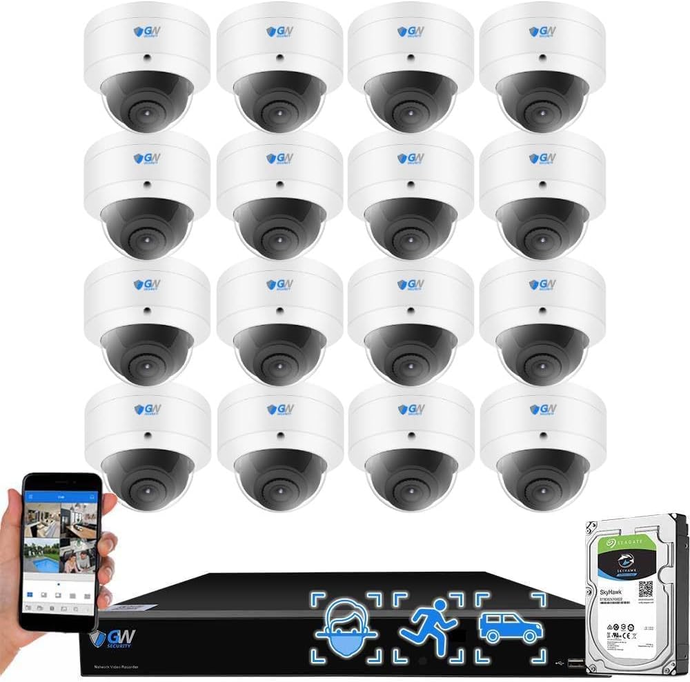 GW Security 16 Channel 12MP NVR UltraHD 4K Face/Human/Vehicle Detection PoE Security Camera System with 16 x 8MP IP Microphone AI Dome Camera, 100ft Night Vision, Outdoor/Indoor Surveillance Camera